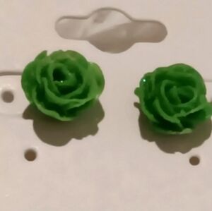 Elegant Iridescent Rose Flower GREEN Stud Earrings NEW NWT